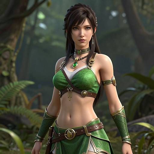 CGI fantasy forest scene of a dark-haired, green-armored, midriff-baring, attractive woman with a green gem necklace and armb