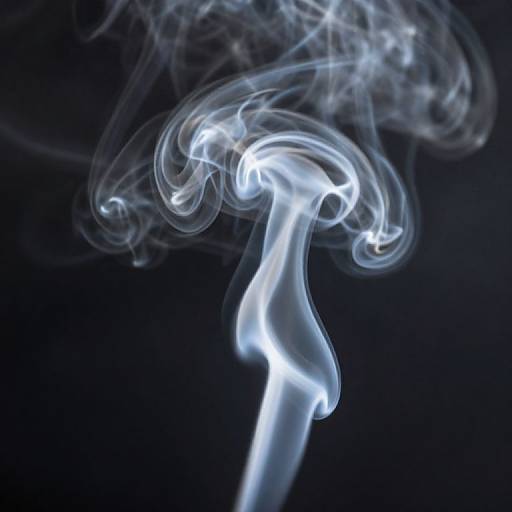 Photograph of ethereal, white smoke swirling in intricate, glowing patterns against a black background, creating a delicate, translucent effect.