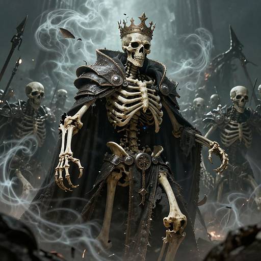 Digital artwork of a skeletal king in a black cape with a crown, surrounded by skeletal warriors in a smoky, dark castle.