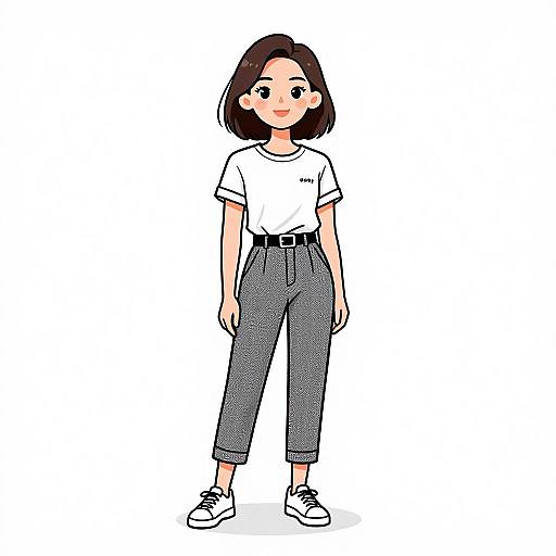 Digital drawing of a cute, smiling, young woman with short brown hair, wearing a white t-shirt, gray high-waisted pants, and white