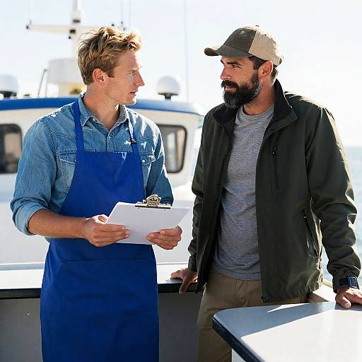 Fishing Boat Conversation Under Bright Sun