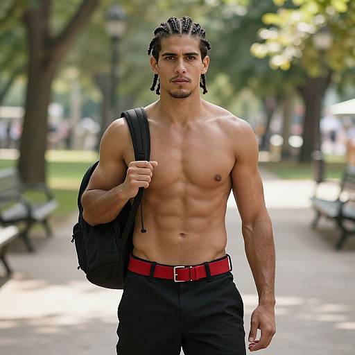 Photograph of a shirtless, muscular man with dark skin and braided hair, wearing black pants with a red belt, carrying a black backpack,