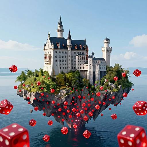 Digital illustration of a floating, medieval castle surrounded by red dice, over a calm blue sea, with lush greenery. Bright, clear sky. Fantasy