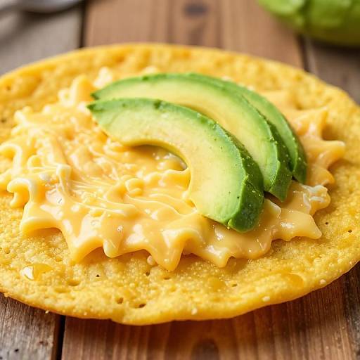 Close-up photograph of a yellow corn tortilla topped with melted cheese and three avocado slices, on a wooden surface.
