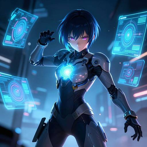 Digital anime illustration of a fierce, purple-eyed, black-haired cyber-warrior with glowing blue circuits on her armor, surrounded by floating holographic screens in