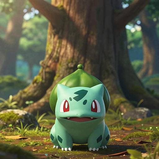 Photorealistic CGI of Bulbasaur, a green, plant-like Pokémon with red eyes, in a sunlit forest with large trees and lush under