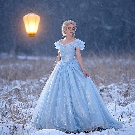 Photograph of a blonde woman in a shimmering, light blue Snow White-style ball gown, standing in a snowy field at night, illuminated by a