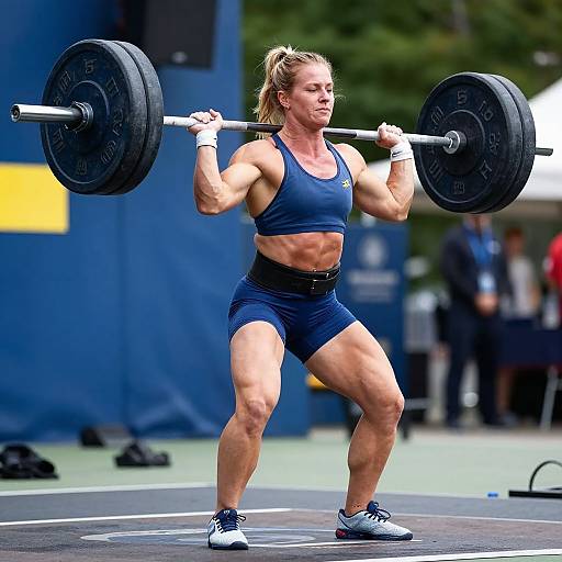 Photograph of a muscular blonde woman in a navy sports bra and shorts, squatting with a heavy barbell, outdoor weightlifting competition.