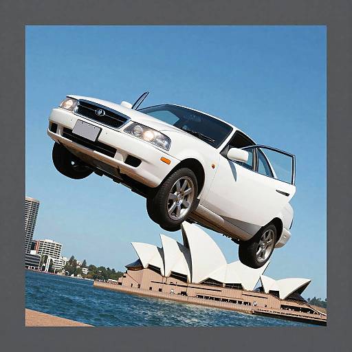 Mid-Air White Car Over Sydney Cityscape