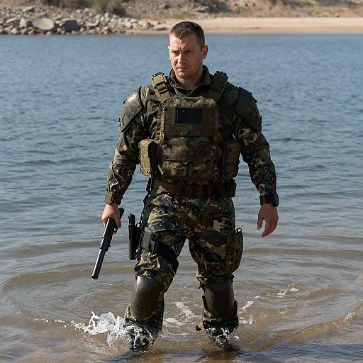 Soldier Wading Through Sunlit Lake