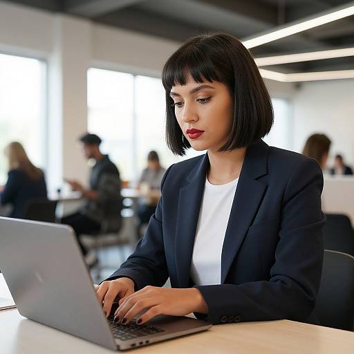 Photograph of a focused, short-haired Asian woman in a black blazer and white shirt typing on a laptop in a modern, brightly lit office with