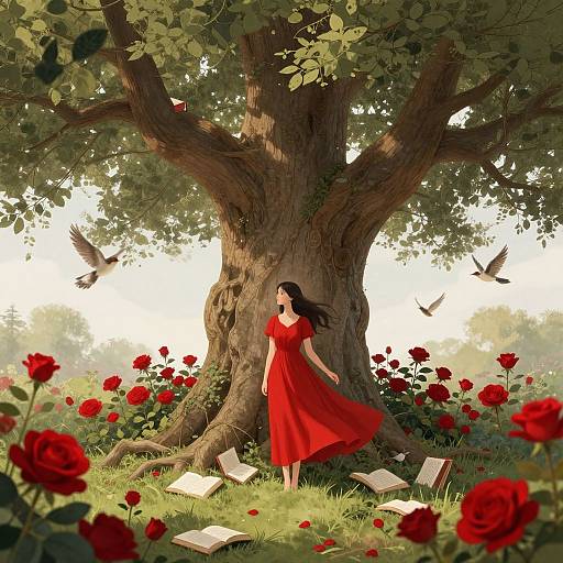 Digital artwork of a woman in a flowing red dress standing under a massive tree, surrounded by red roses, open books, and birds.