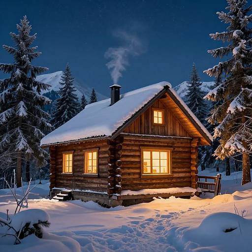 Photograph of a wooden cabin with warm yellow lights, snow-covered roof, and surrounded by snow-laden pine trees under a dark blue night sky.