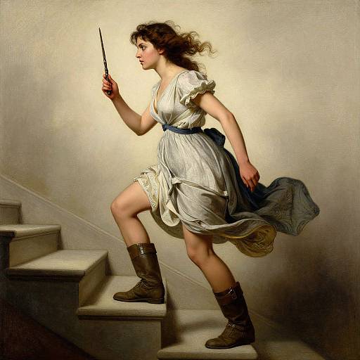 Photorealistic painting of a curly-haired woman in a white dress and brown boots, holding a wand, ascending stairs, illuminated from behind.