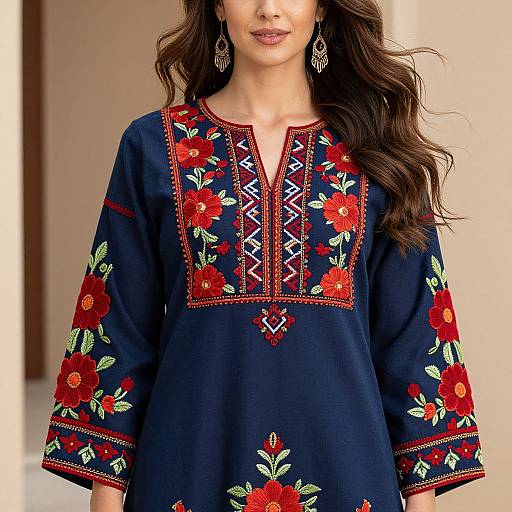 Photograph of a woman with long wavy brown hair, wearing a dark blue embroidered top with red and green floral patterns, and intricate geometric designs,