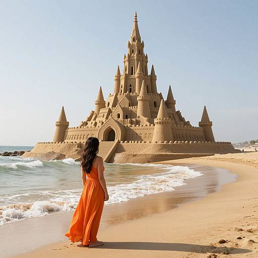 Photograph of a woman with long black hair in an orange dress standing on a sandy beach, gazing at a towering sandcastle castle by the ocean