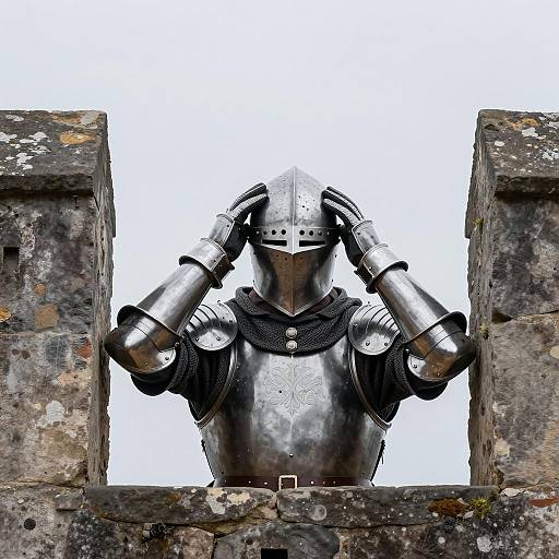 Medieval Knight Peeking Over Stone Wall