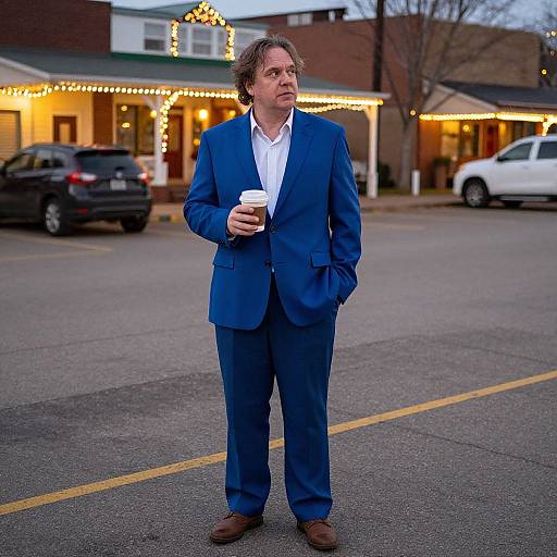 Photograph of a middle-aged man with curly brown hair in a blue suit, white shirt, and brown shoes, holding a coffee cup, standing on