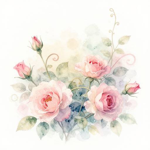 Watercolor painting of pink roses with green leaves and delicate stems, softly blending into a white and light pastel background.