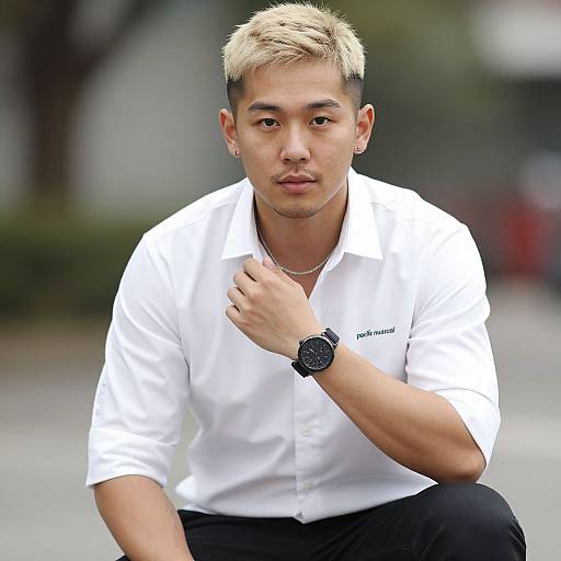 Photograph of a young Asian man with blonde hair, wearing a white button-up shirt, black pants, black wristwatch, and silver earrings, sitting