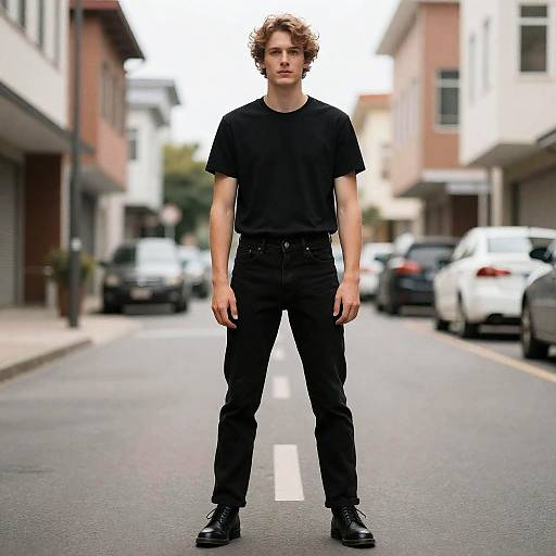 Photograph of a young, curly-haired man in a black t-shirt, black pants, and black shoes standing in the middle of a suburban street with