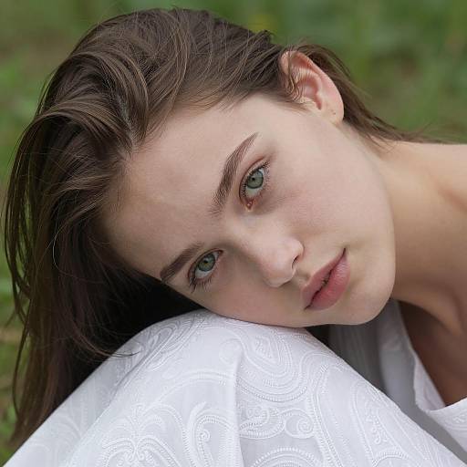 Young Woman Resting Head on White Fabric