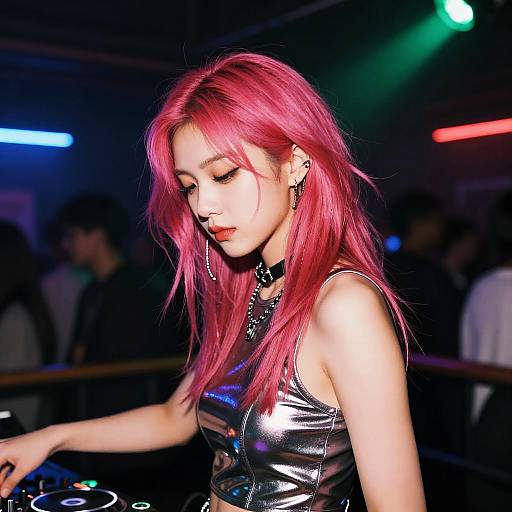 Photograph of a young woman with vibrant pink hair, wearing a shiny black leather crop top, DJing in a dimly lit club with colorful lights