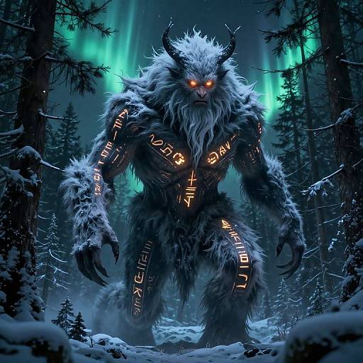 Digital artwork of a fierce, glowing-eyed, horned, fur-covered demon with runes on arms, standing in a snowy forest under a green aurora