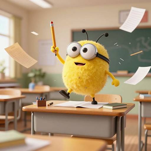 CGI cartoon of a fuzzy yellow, insect-like character with glasses, holding a pencil, jumping on a classroom desk with papers flying. Background: classroom