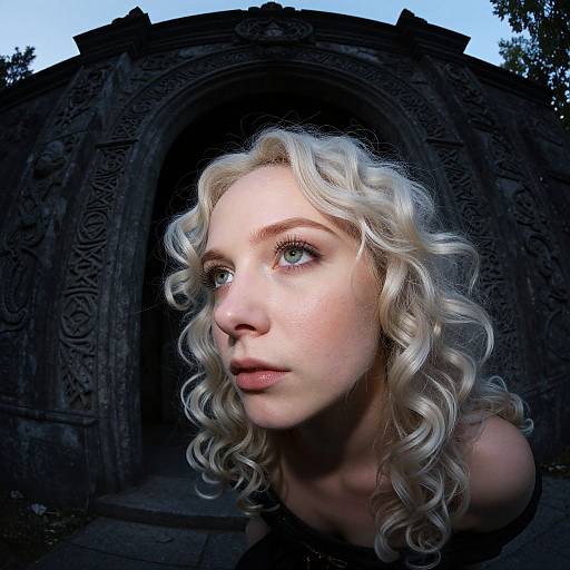 Photograph of a pale-skinned woman with curly blonde hair, blue eyes, and freckles, gazing pensively in front of a dark