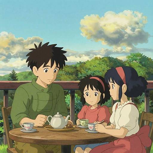 Studio Ghibli Style Siblings Enjoying Tea on Veranda