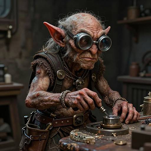 Digital artwork of an aged, bald, elf-like creature with large goggles, working in a dimly lit, steampunk workshop, surrounded by tools