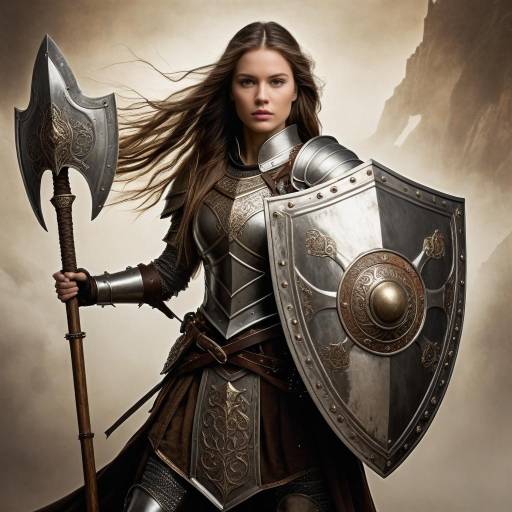 Female Medieval Warrior in Armor with Axe and Shield