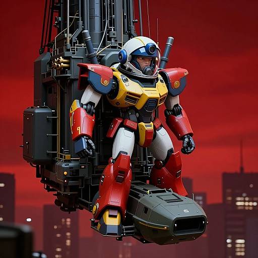 Digital artwork of a red, yellow, and white robotic mecha with armor details, floating above a cityscape against a red sky.