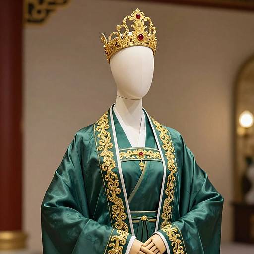 Photograph of a faceless mannequin wearing an ornate green and gold royal robe with intricate embroidery, topped with a gold crown adorned with red