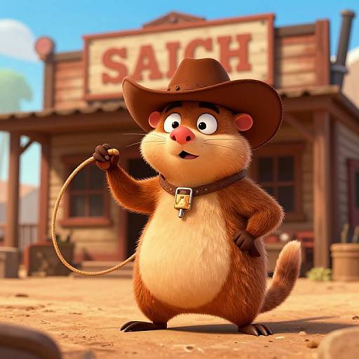 CGI cartoon of a cute, brown-furred, chipmunk cowboy with a wide-brimmed hat, key necklace, and rope, standing