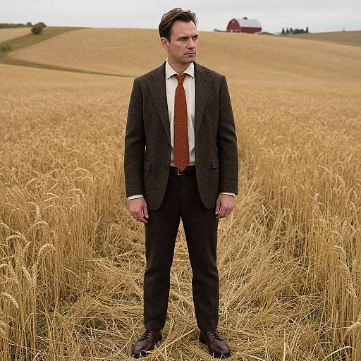 Photograph of a serious, white male in a black suit, white shirt, and red tie standing in a golden wheat field with a distant red barn
