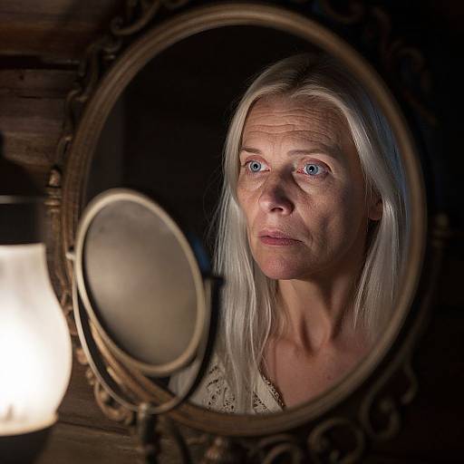 Photograph of an elderly woman with long white hair and blue eyes reflected in an ornate, oval mirror with a lit lamp beside it, in a