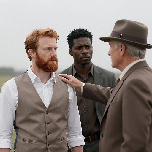 Three men having serious conversation outdoors