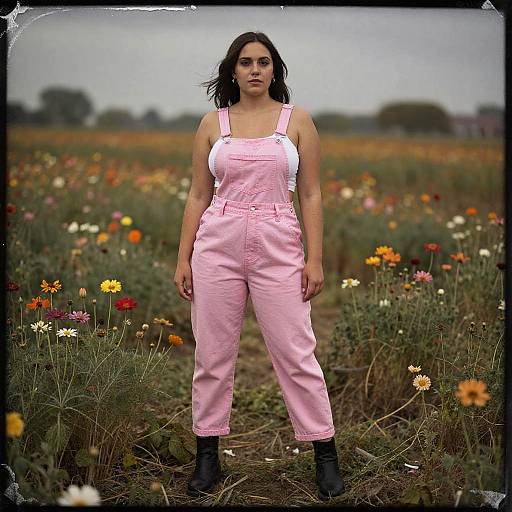 Photograph of a confident woman with medium skin tone, dark hair, wearing pink overalls and black boots, standing in a colorful flower field. Over