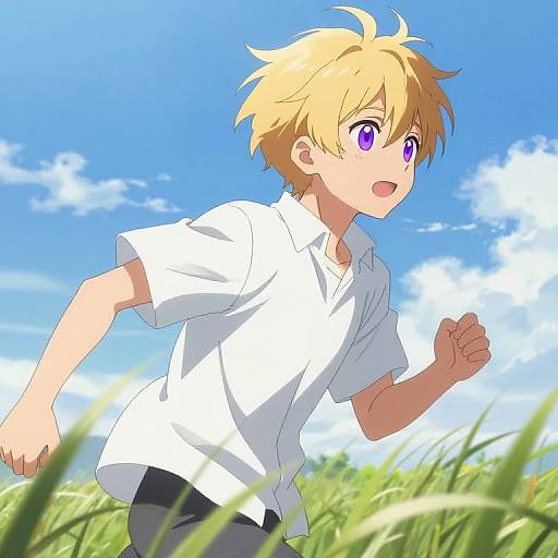 Anime-style digital drawing of a blonde boy with purple eyes, wearing a white shirt, running through a grassy field under a bright blue sky.