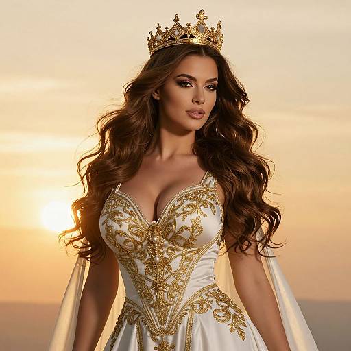 Photograph of a beautiful woman with long brown hair, wearing a gold crown and a white, gold-embellished, low-cut gown, against