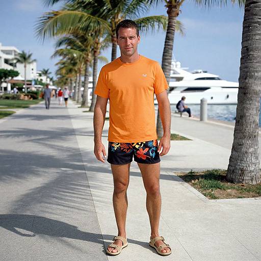 Photograph of a muscular, tan-skinned man in an orange t-shirt, colorful shorts, and sandals, standing on a sunny waterfront path with palm