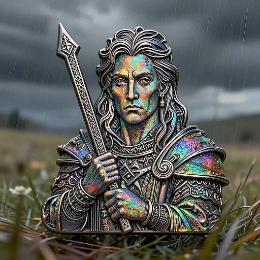 Colorful, iridescent medieval knight statue holding a detailed sword, standing in a grassy field under a cloudy, rainy sky. Digital artwork.