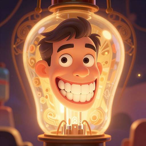 CGI cartoon image of a grinning boy's head inside a glowing light bulb, with warm yellow light and dark background.