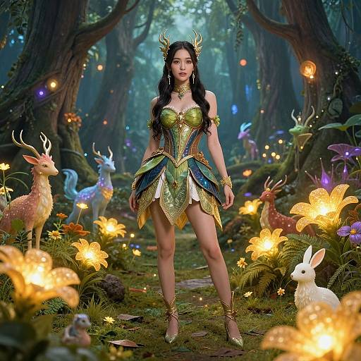 Digital fantasy art: Asian woman in green and gold fairy dress with antler headpiece, standing in enchanted forest with glowing flowers, deer, and fire
