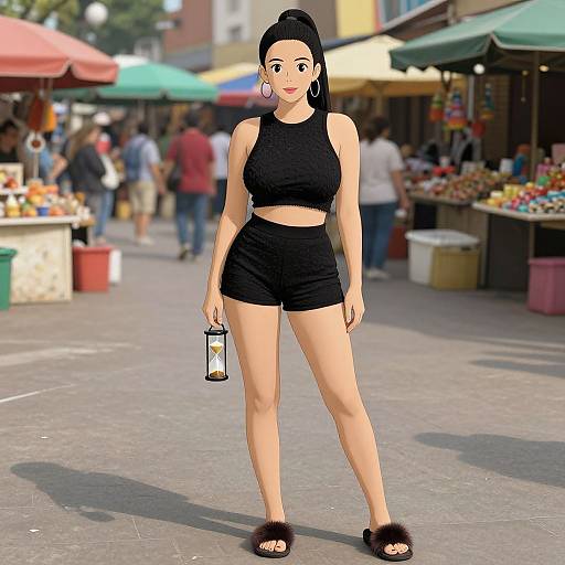 Digital illustration of a cute, slim woman with black hair in a bun, wearing a black crop top, shorts, furry slippers, and holding a