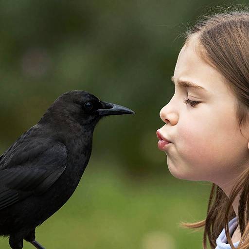 Young Girl and Black Bird Interaction