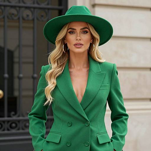 Blonde Woman in Green Hat and Blazer