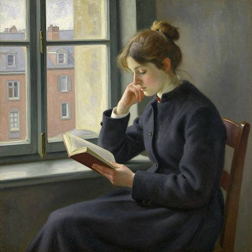 Oil painting of a pensive woman with brown hair in a bun, wearing a navy dress, reading a book by a sunlit window.